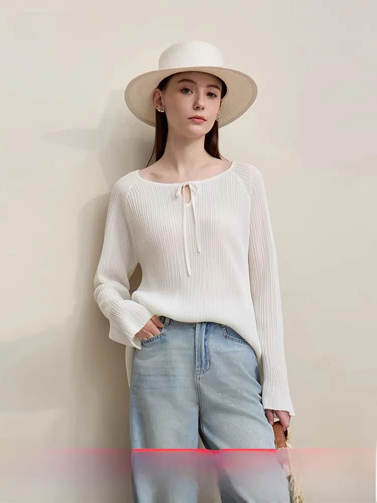 

Новинка весенней коллекции: женский вязаный свитер с круглым вырезом, французский стиль, модный топ с рукавами-колокол и завязками на плечах, из полиэфирного волокна.