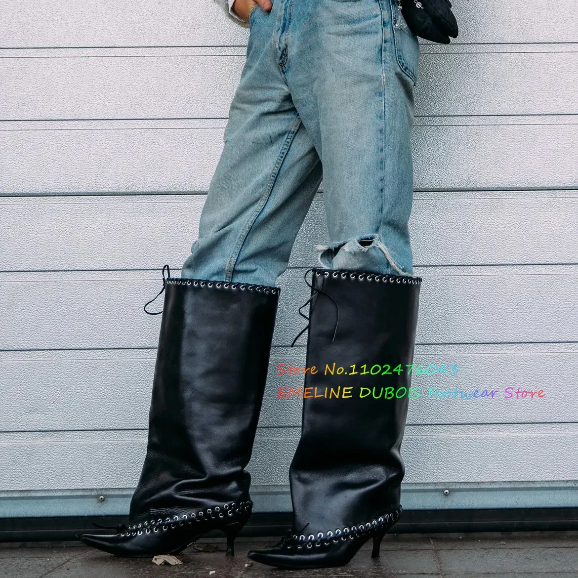 

Black Leather Silver Metal Circle Knee High Boots Pointy Toe Contrasting Wide Sleeve Lace Up Sexy Thin High Heels Women Boot