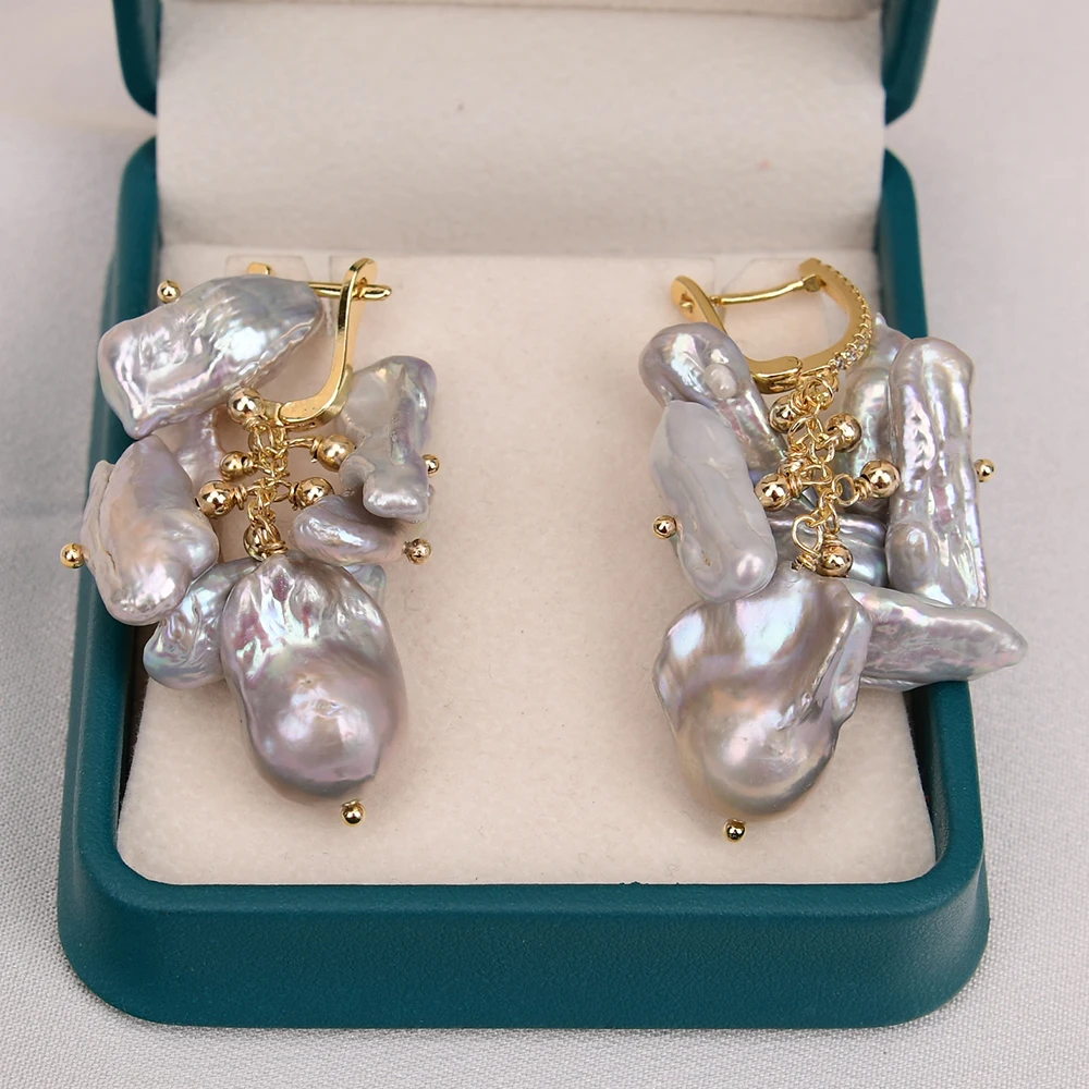 GG مثقف رمادي بيوا كيشي لؤلؤة متدلية أقراط اللؤلؤ الباروك الزركون معبد هوك