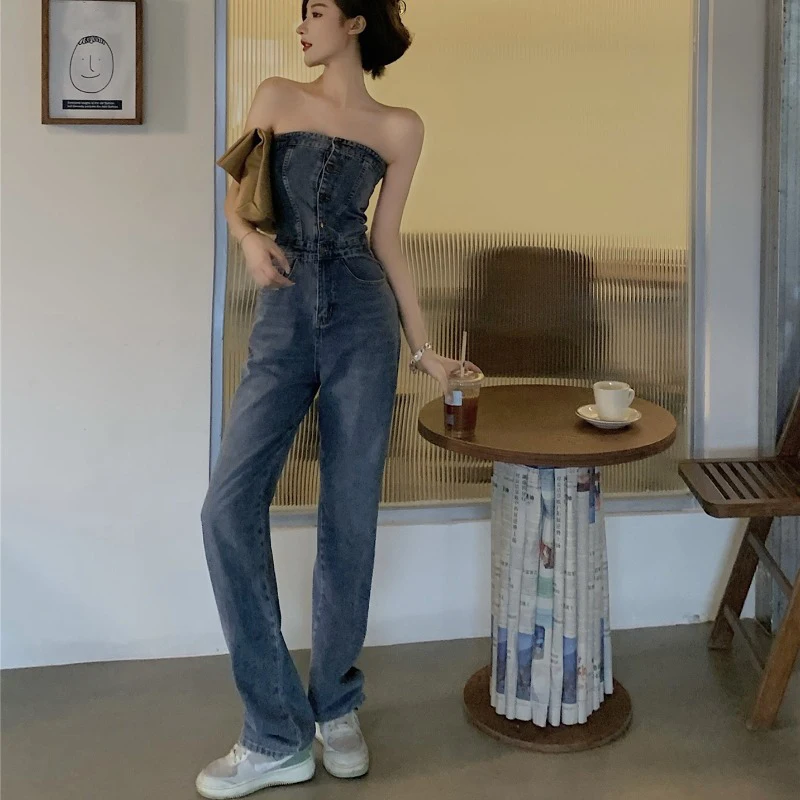 Seksowny kombinezon dżinsowy na ramiączkach damski, luźny, długie spodnie, wysoki stan, proste nogawki, cienka wersja, styl koreański, do pracy.