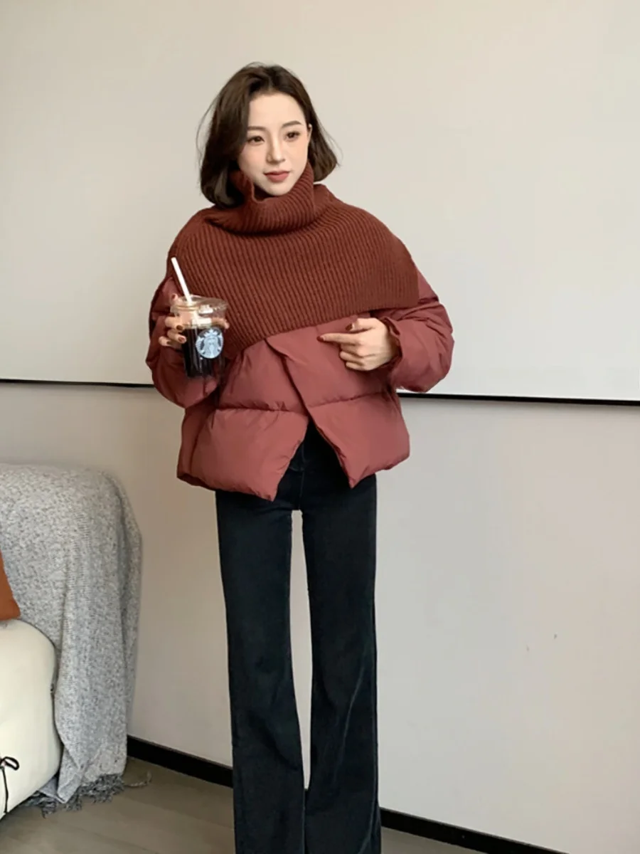 

Thiened down Cotton Knitted Set Women's Autumn Winter Faion Vintage High-End Feeling Coat And Scarf Asymmetrical Design