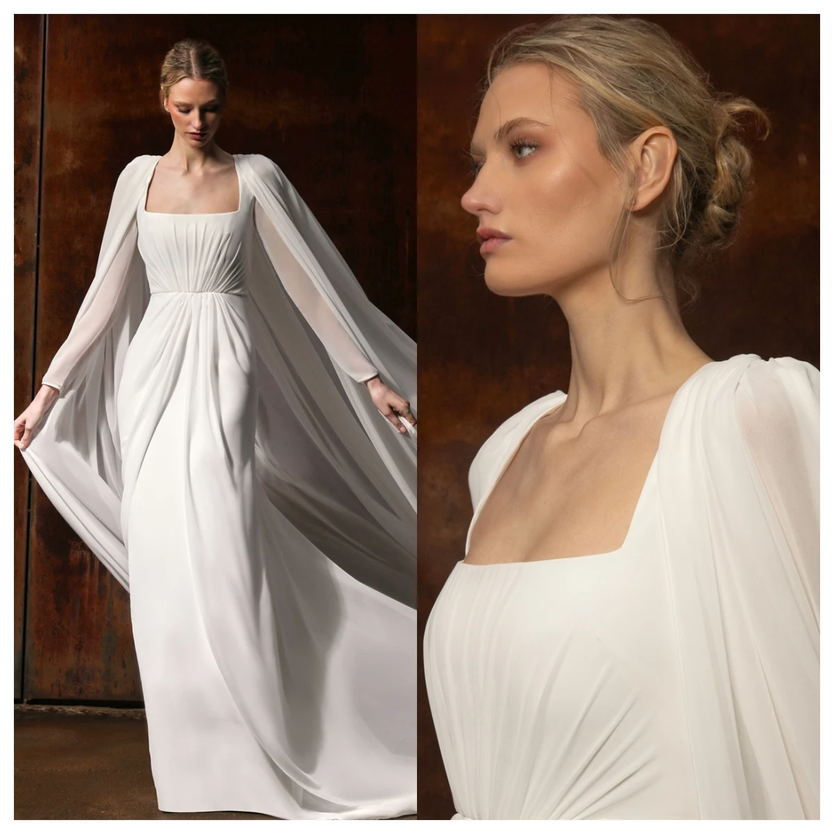 ที่กําหนดเองอย่างเป็นทางการสีขาวชีฟองชุดราตรีสแควร์คอยาวแขนยาวคนดังชุดคุณภาพสูง Bespoke โอกาส Gowns