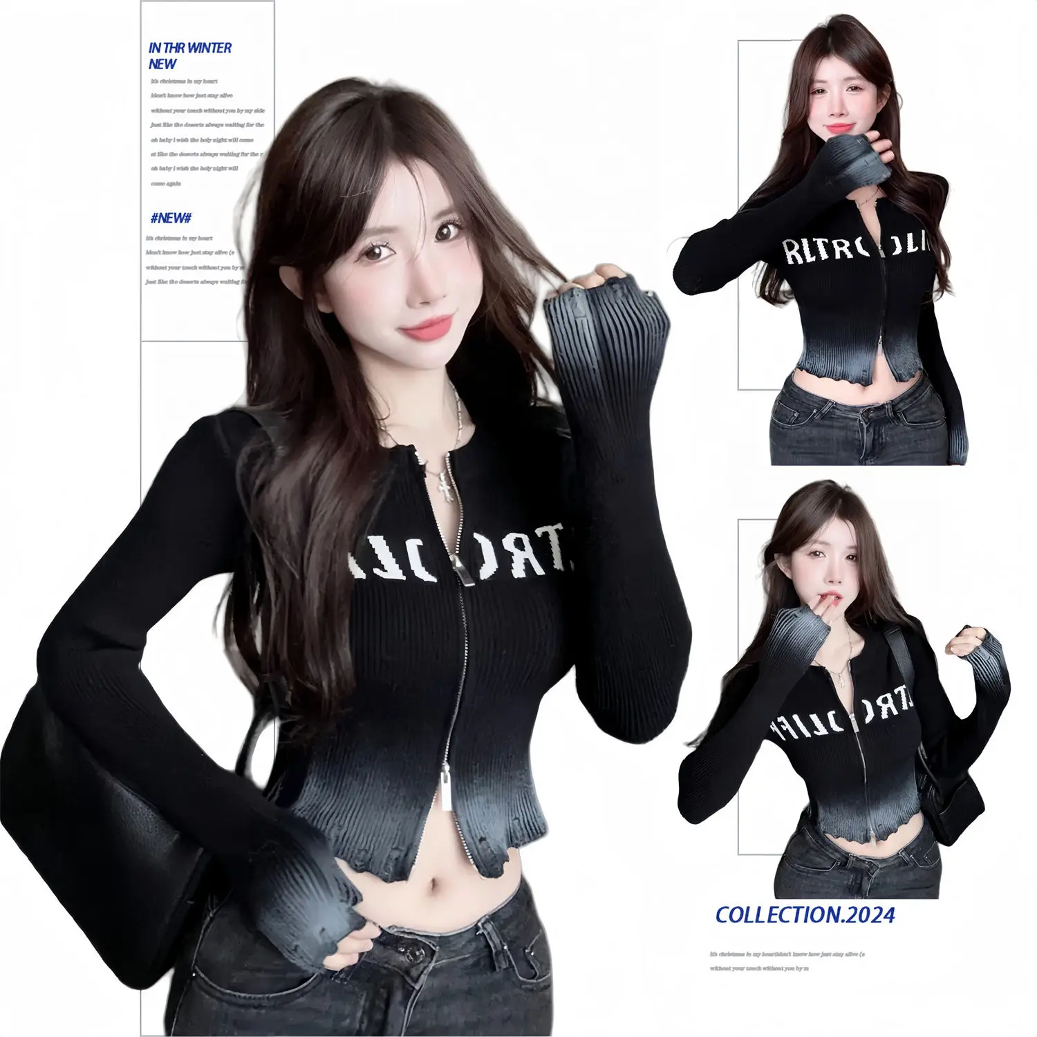 

Vintage Gothic Y2k Double Zipper Knitted Cardigan Women Cropped Cardigan Grunge Slim Fit Short Tops Long Sleeve Streetwear Hole