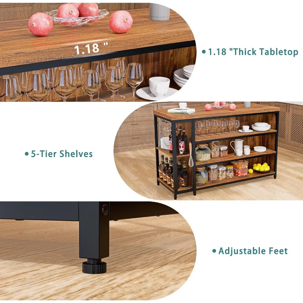 جزيرة مطبخ مقاس 55 بوصة مع أرفف مفتوحة للجلوس والتخزين مكونة من 5 طبقات، وخزانة بار القهوة مع سطح طاولة كبير جدًا، وغرفة واسعة الساق #5