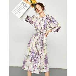 Midi Dress for Women, Crew-Neck, Puff-Sleeve, Purple Floral Printed, Self-Tie, High Quality, Brand Pairs, Summer, 2024 new