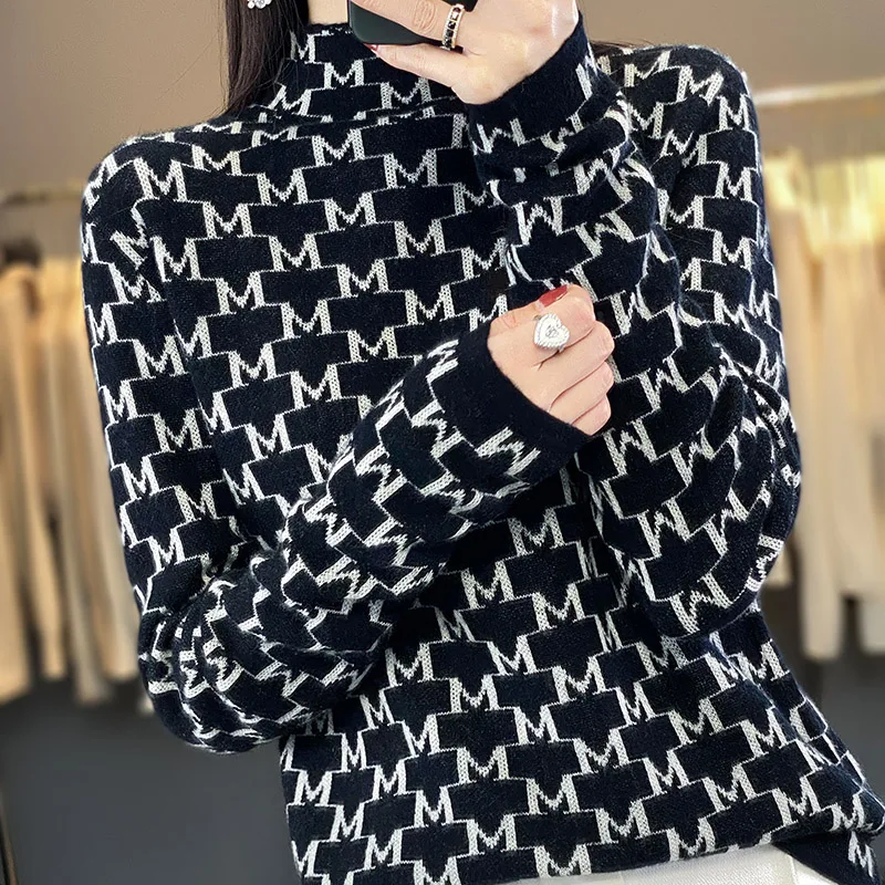 2023 New Autumn Winter Cashmere Sweater Women M Letter jacquard Knitted Sweaters Loose  Fashion Cashmere Sweater Women