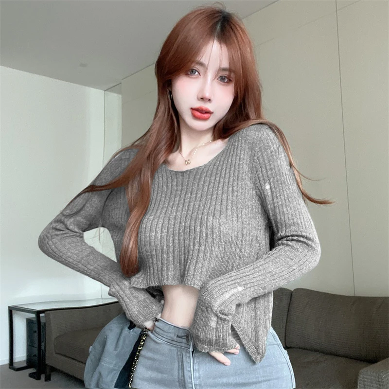 Autumn Women Sexy Hollow Round Neck Long Sleeve Irregular Knitted Sweater