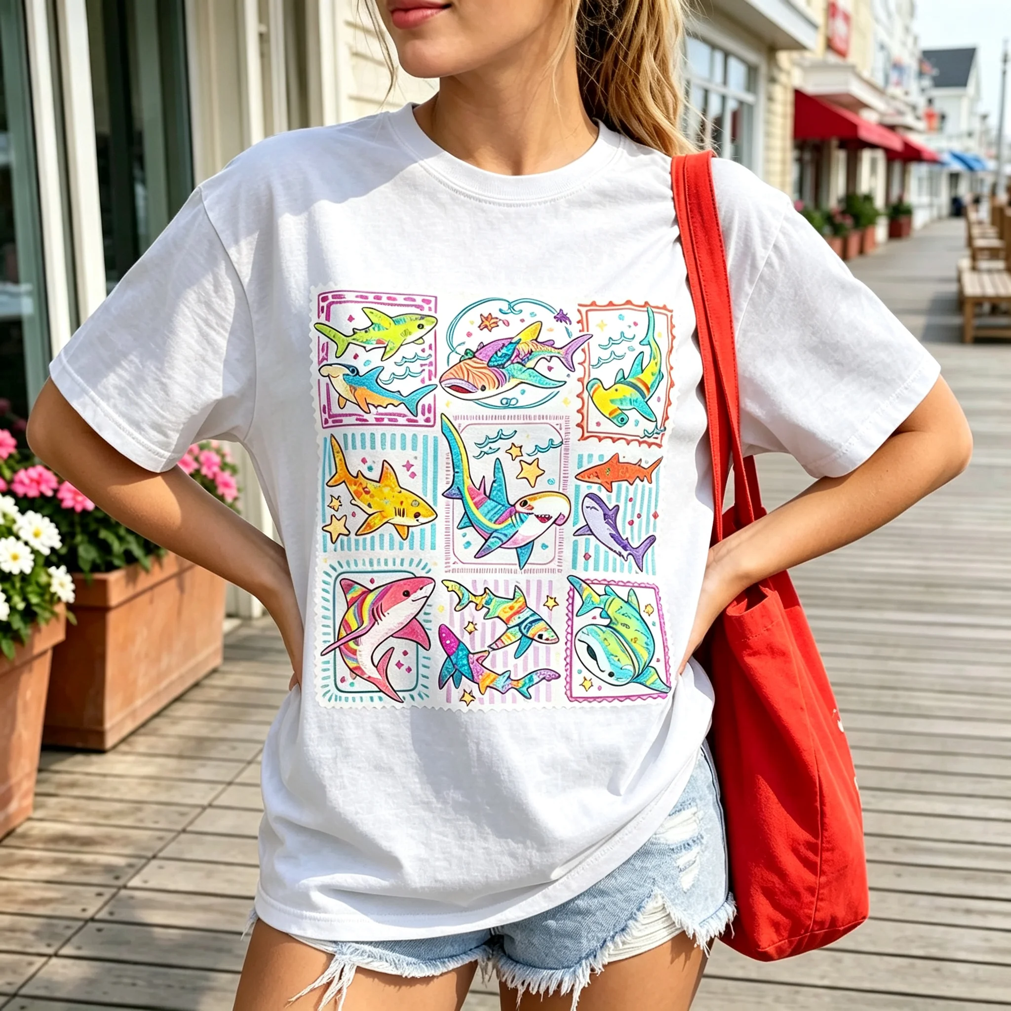 Colorful Shark Collage Graphic Shirt Women White Short Sleeve Cute Rainbow Shark Stamp Print Tee Summer Ocean Animal Casual Top