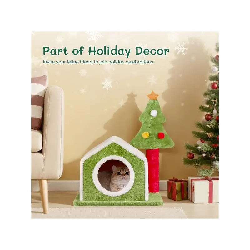 سرير بيت القطط بطول 24 بوصة، عش عيد الميلاد من القطيفة الناعمة للقطط الداخلية، ديكور عطلة احتفالي لأصدقاء القطط