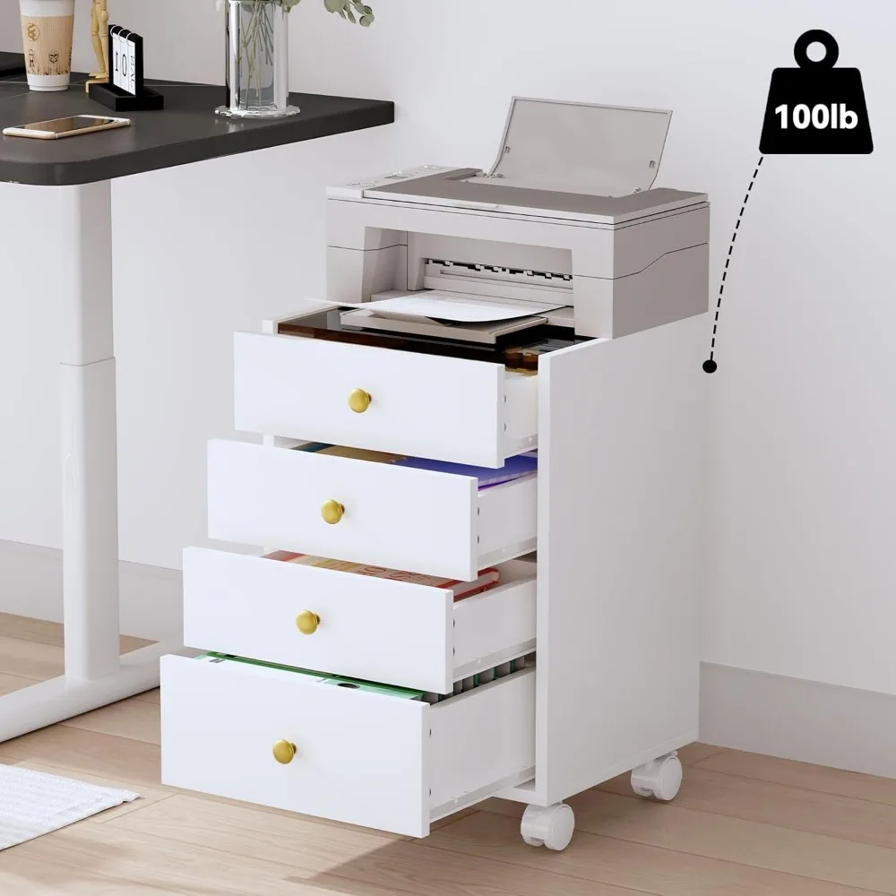 ตู้เก็บของใต้โต๊ะพร้อมลิ้นชัก 4 ชั้น ท็อปกระจก และล้อเลื่อนแบบมีกุญแจล็อค - ตู้เก็บเอกสารเคลื่อนที่สำหรับโฮมออฟฟิศและห้องทำงาน