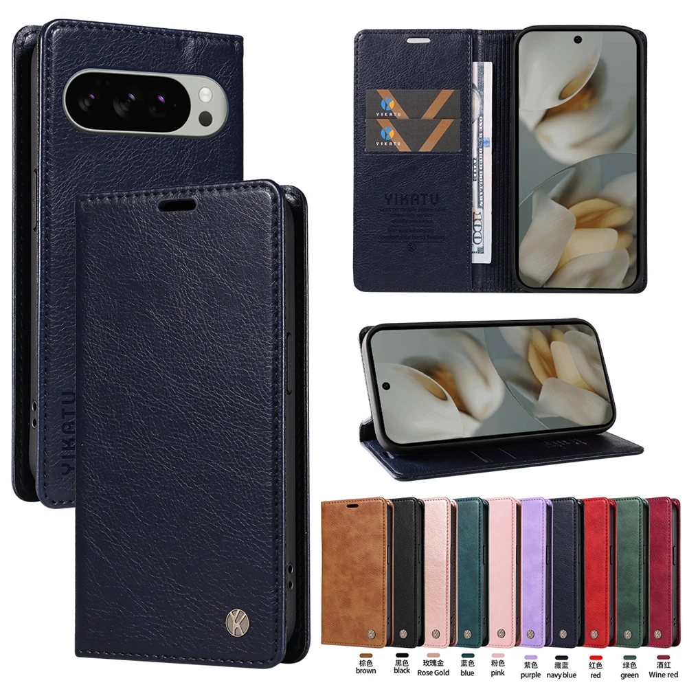 Custodia a portafoglio in pelle magnetica per Google Pixel 10 9 9A 8 8A 7 7A 6 6A Pro XL 5G Ultra Silm antiurto |   Stria di litchi premium