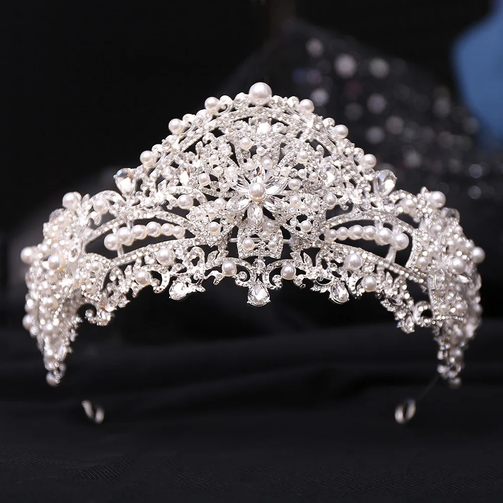 Pearl Crown Bridal Wedding Tiaras and Crowns for Women Rhinestone Flower Hair Jewelry Party Bride Headpiece Prom Princess Gift