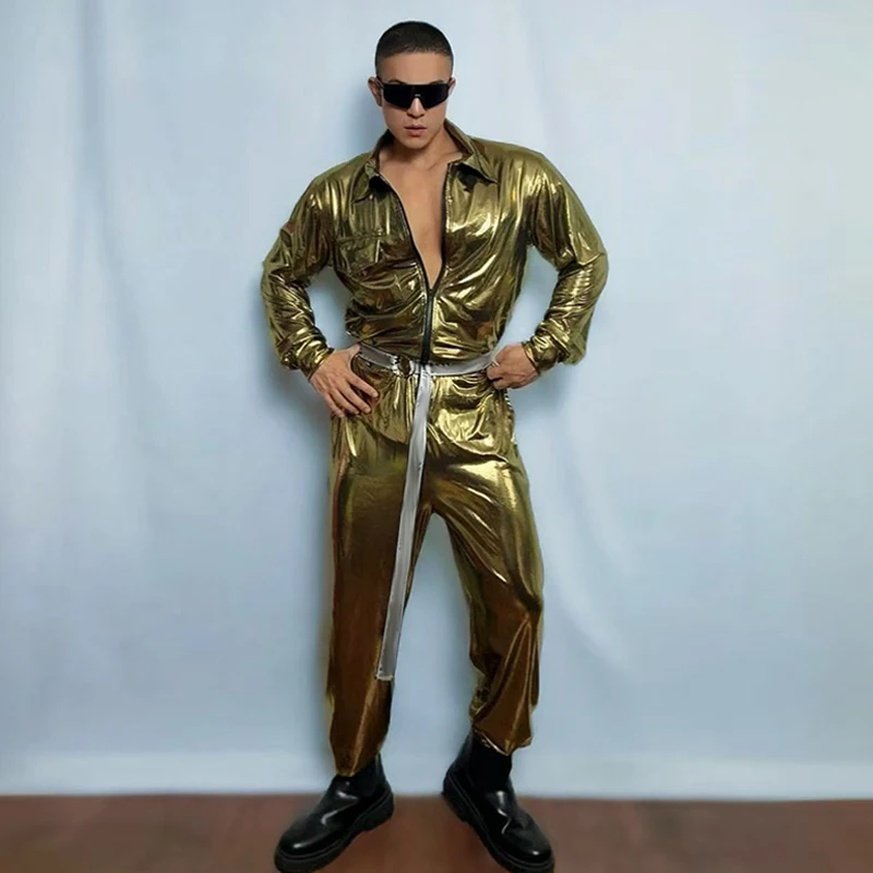 Gogo Dancer Costume Men Gold Jumpsuit Long Sleeve Jazz Dance Stage Wear Nightclub Bar Party Show Clothing Male Rave Outfit yj393
