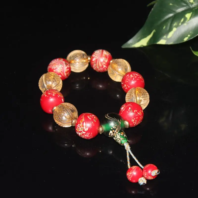 Old Glass Red Tail Round Bead Multi-Treasure Single Circle Bracelet Item