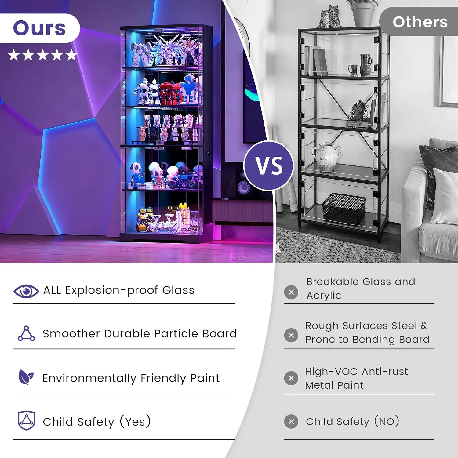 Glass Display Cabinet with Doors and RGB LED Lights | 69" Tall Curio Cabinet, 5-Tier Wooden Shelves, Lockable Display, Custom view 4