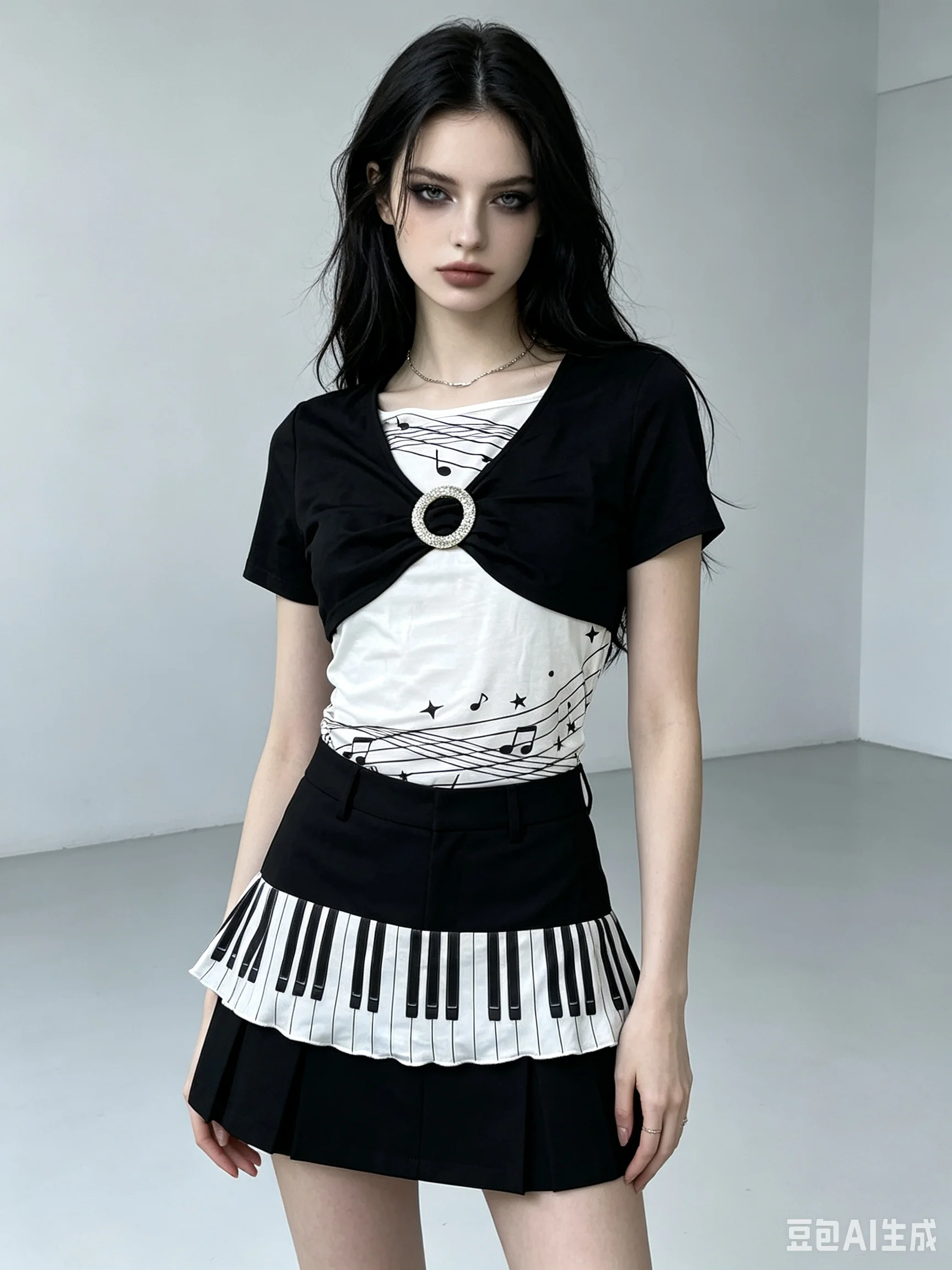 Y2K Coquette Faux Two Piece Tee Ring Twist V Neck Piano Musical Note Print Slim Black White Short Sleeve Women Grunge Street Top