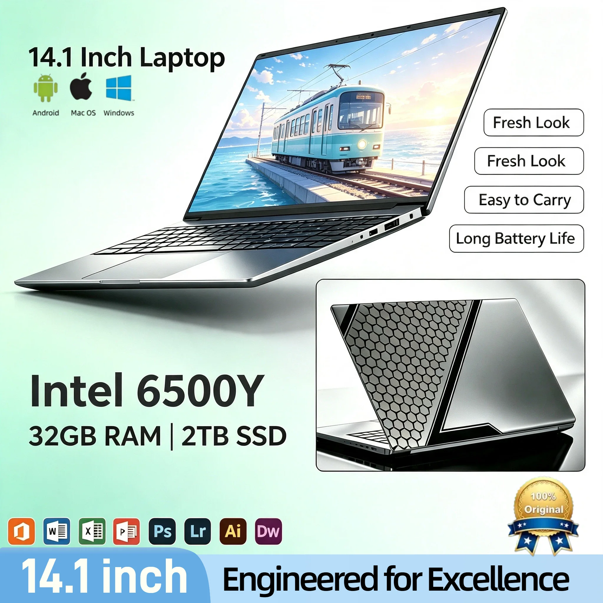 Intel 6500Y 14.1 Ultra Light Laptop 2C4T 1.1-3.4GHz 32GB RAM 2TB PCIe SSD 5000mAh Backlit Fingerprint Pro Max Speed Xtreme