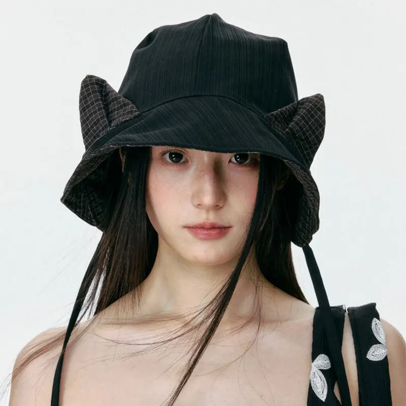 Koreanischer Stil Niedliche Katzenohren Schnür-Fischerhut Sommer Karierter Sonnenschutz Sonnenhut Gesichtsverkleinernder Bucket Hat für Frauen
