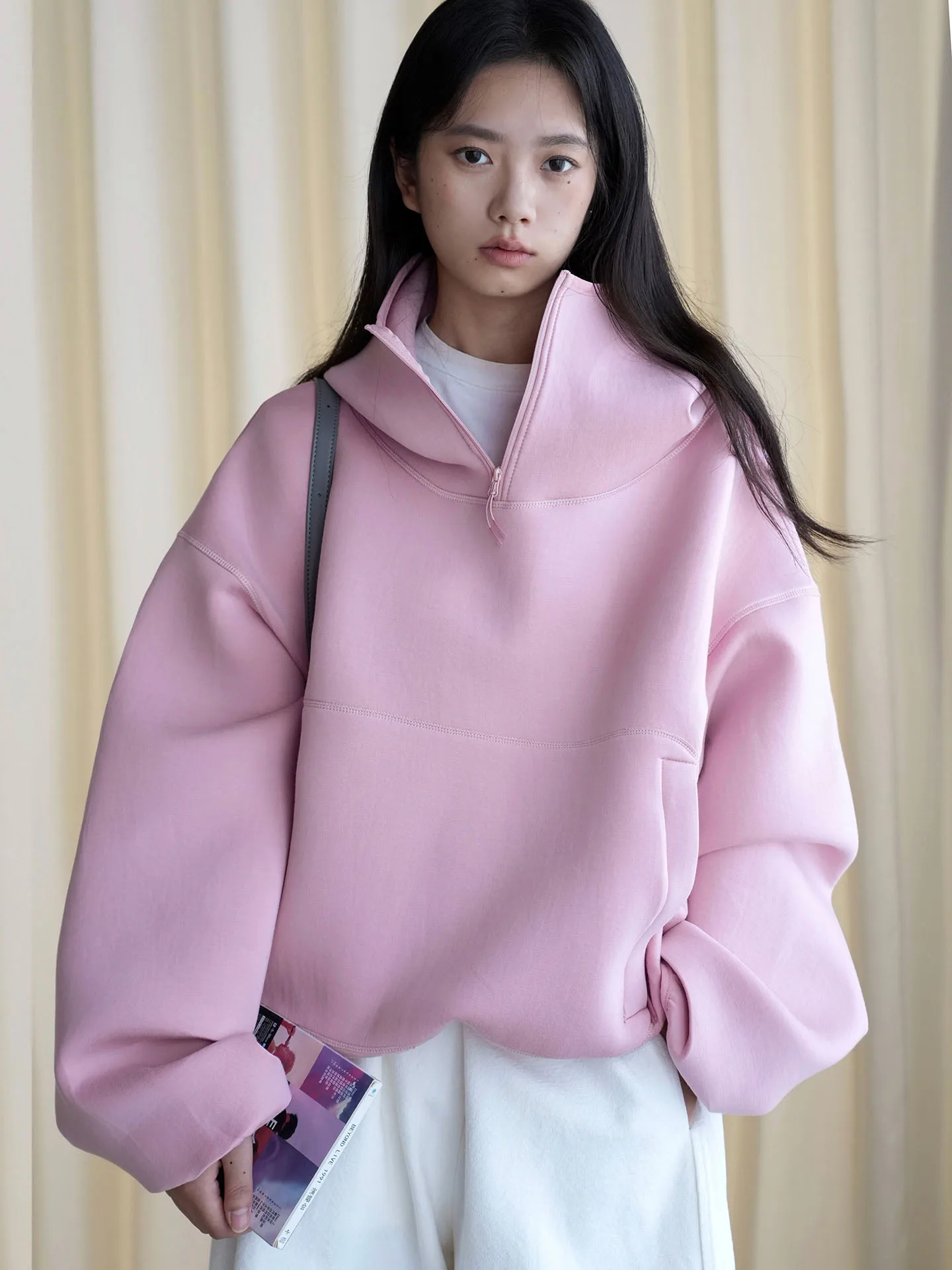 Hooded Windproof Air Layer Pink Loose Sweatshirt Women Autumn Casual Silhouette Top