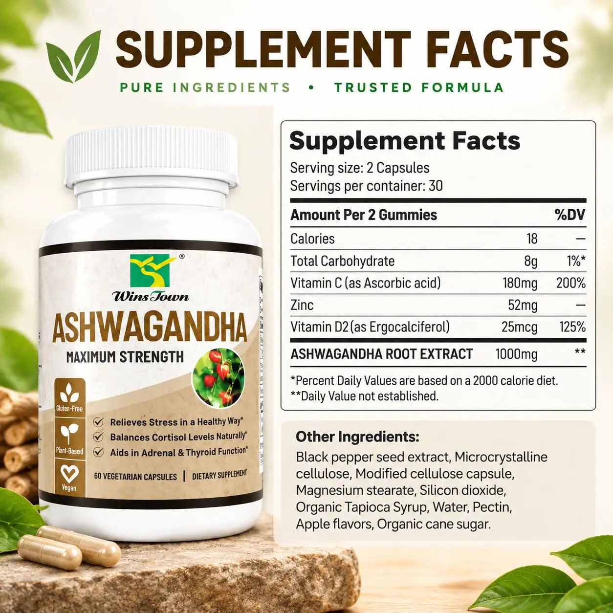 Ashwagandha Capsules Supports Qualify Sleep Muscle Strength Recovery Thyroid Balance  Vitamin C Zinc D2 60pcs Office Workers