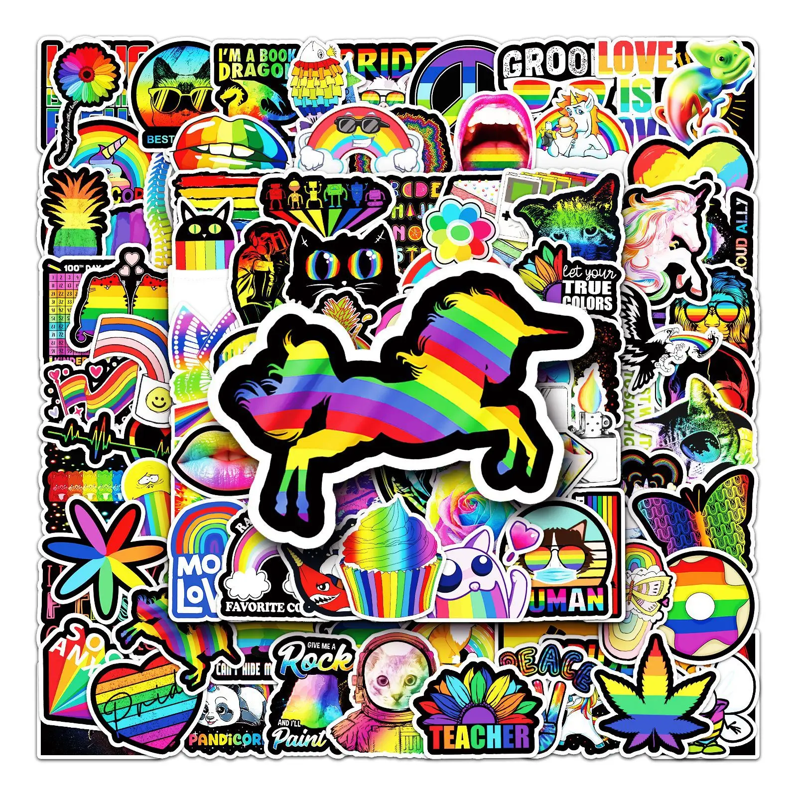 100 Stück Packung personalisierte Regenbogenfarbene Graffiti-Aufkleber für Schreibwaren, Notebook, Laptop, Auto, Roller, Motorrad, wasserfeste Aufkleber