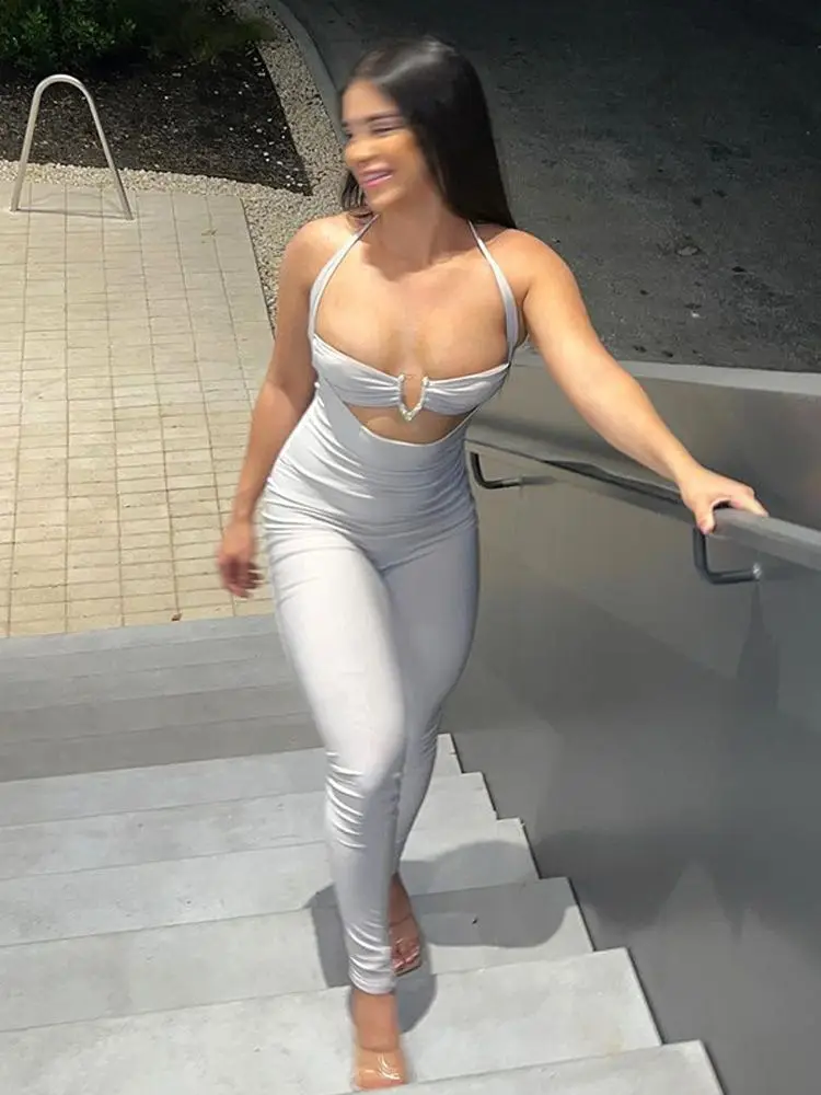 

Street Sle Low Waist Jumpsuit Ne Hanging Open Navel Revealing Chest Exposing ort Pants Casual Comfortable Streetwear