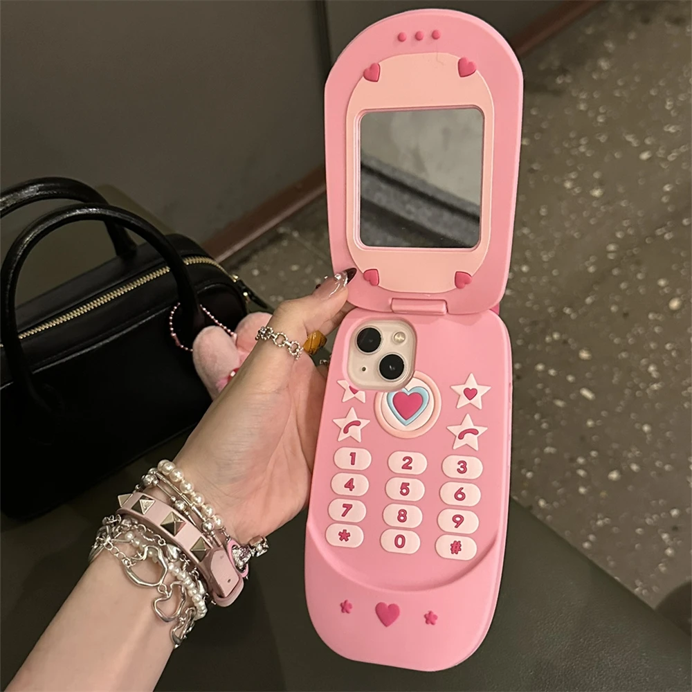 Korean Cute 3D Pink Cellphone Model Flip Mirror Silicone Phone Case For iPhone 15 14 13 12 Pro Max 11 Bumper Soft Cover Gift