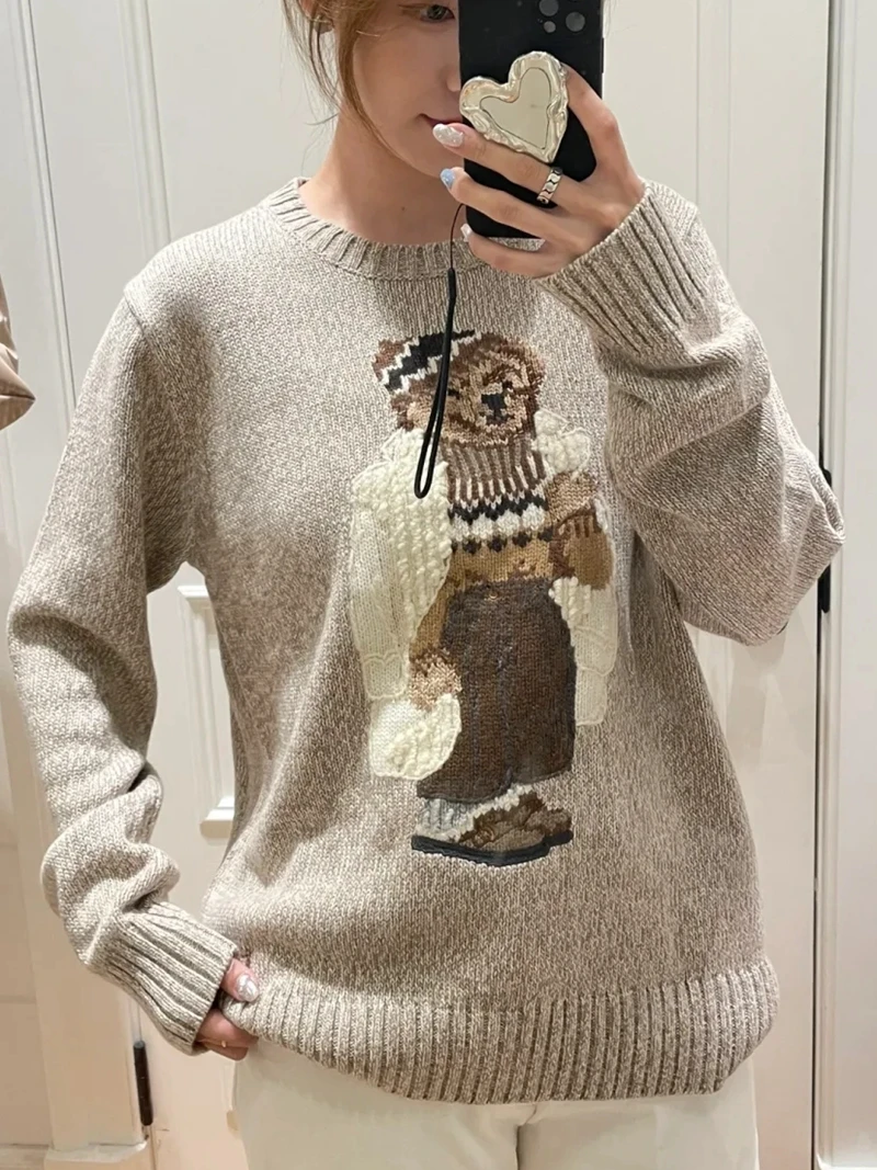 Women\'s Sweater Autumn/Winter New Casual Warm Apricot Bear Pattern Round Neck Long Sleeve Kneater Sportswear