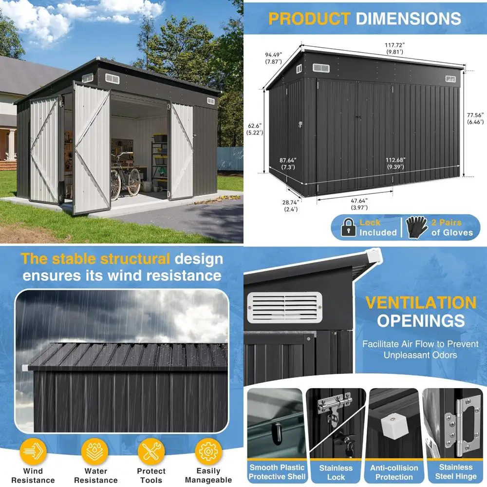 

Triple Door Galvanized Steel Utility Shed for Vertical Storage with Dual Lock and Lean-to Design