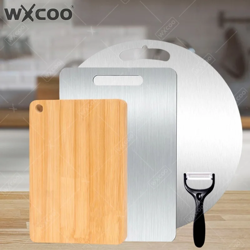 WXCOO Double-sided Cutting Board Kitchen Cutting Board for Fruit Vegetable Meat Stainless Steel or Natural Bamboo Chopping Board