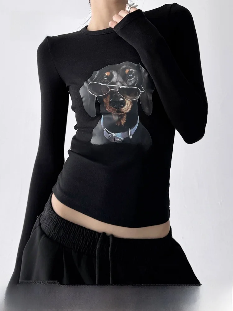 

Очаровательная длинная футболка с принтом собаки, женская модная корейская футболка, осеннее новое поступление, повседневный топ из смеси хлопка