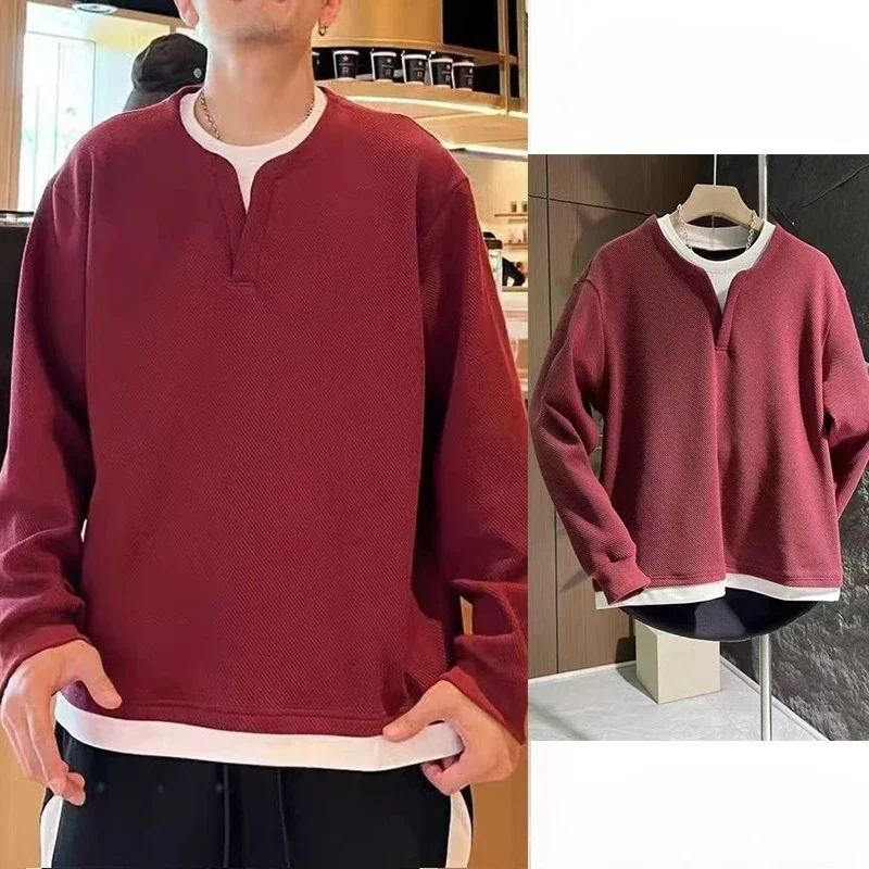 

Round Neck Splicing Sweatshirt Long Sleeve Social Size Spring Clothing 2025 One Piece Male Pullover Bulk Original Men's T-shirts