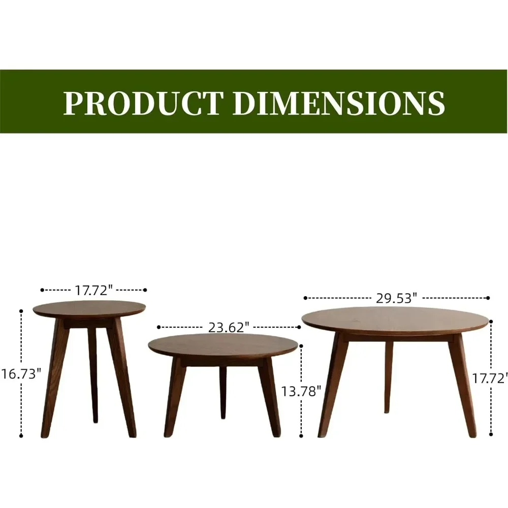 100% Solid Oak Wood Coffee Table Set, Round Coffee Table Combo Side Table w/Solid Wood Legs, Mid Century Table Sturdy Tables for