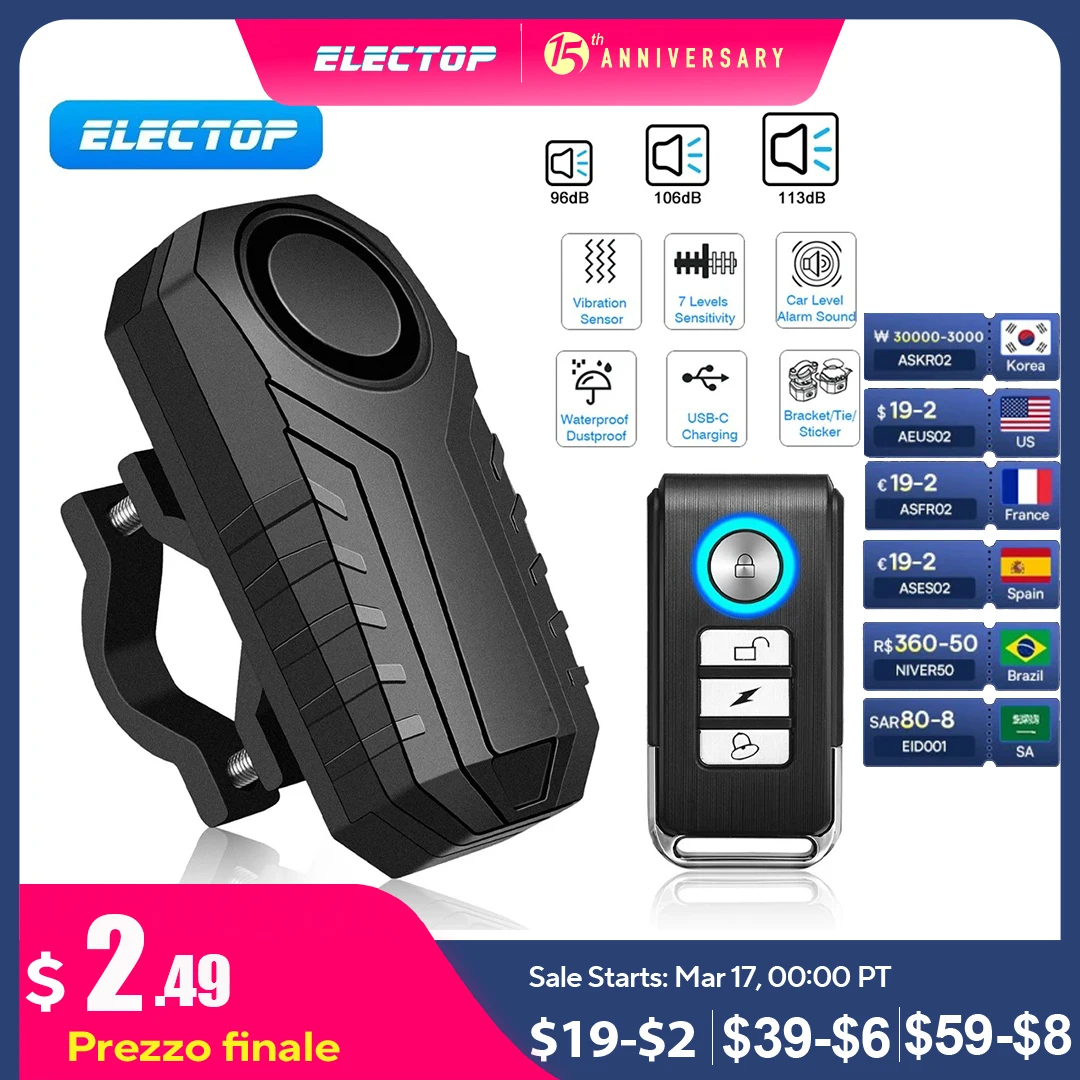 ELECTOP Bicycle Alarm 113dB Anti-Theft Wireless Vibration Remote Control Bike Motorbike Alarms Home Outdoor Security Protection