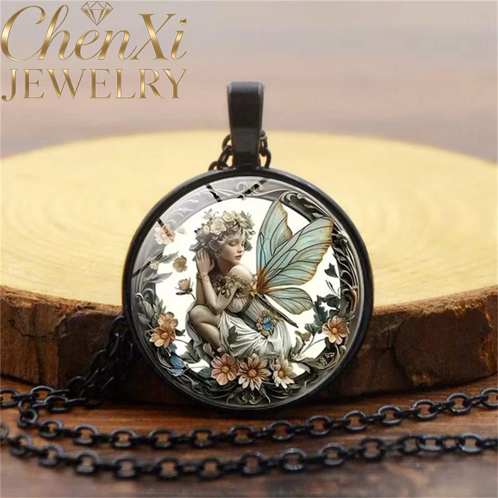Retro Angel Butterfly Fairy Pattern Elliptical Lace Glass Pendant Luxury Quality Fashion Jewelry Exquisite Elegant Charm Popular