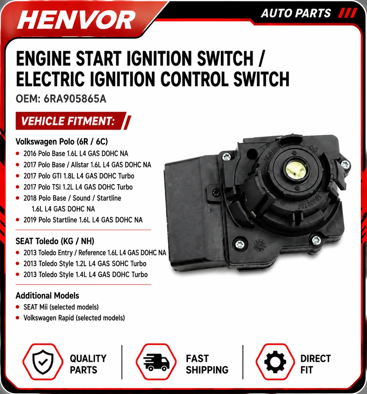 Engine Start Stop Ignition Switch OEM 6RA905865A For VW Polo Seat Mii Rapid Electric Ignition Control Switch