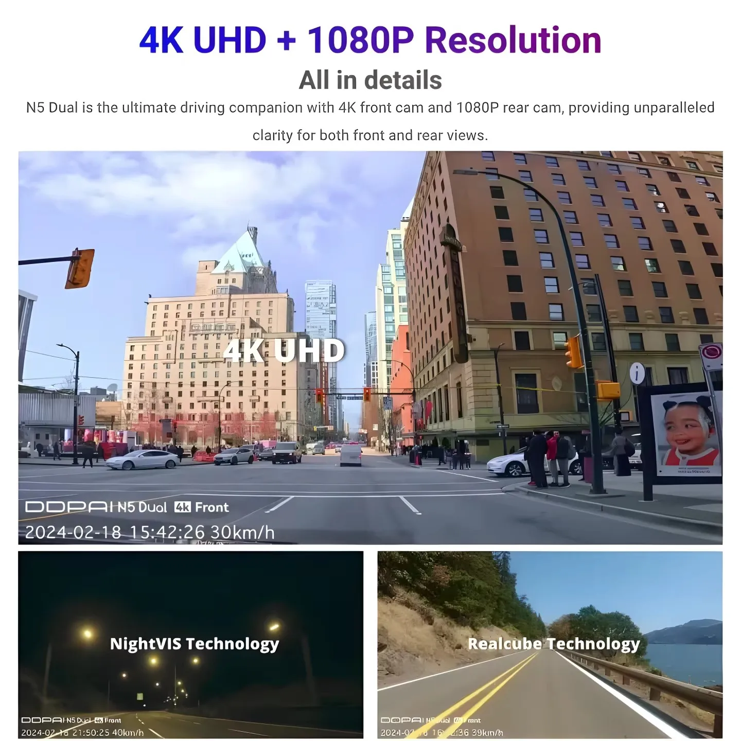 DDPAI N5 듀얼 대시캠 전후방 4K+1080P UHD 대시 카메라 차량용 DVR 알베이스 레이더 야간 시야 WiFi ADAS GPS 자동 녹화기