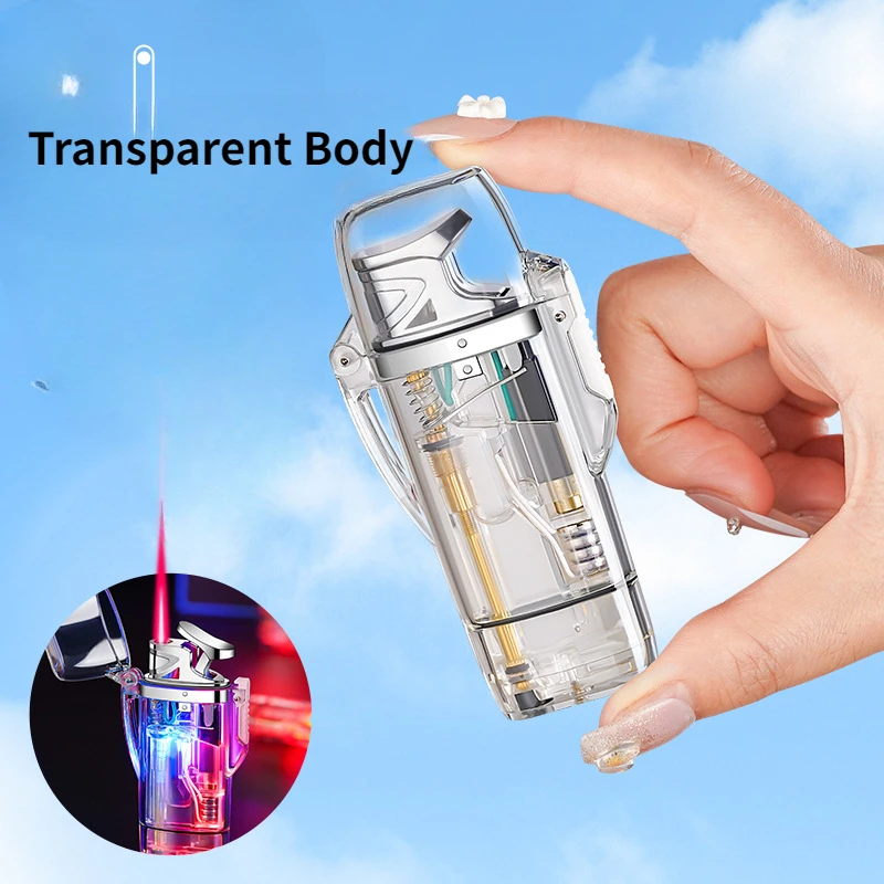 Transparent Case with Flashing Light and Red Flame Windproof Lighter Cycle Inflatable Visible Oil Compartment Butane Gas Lighter