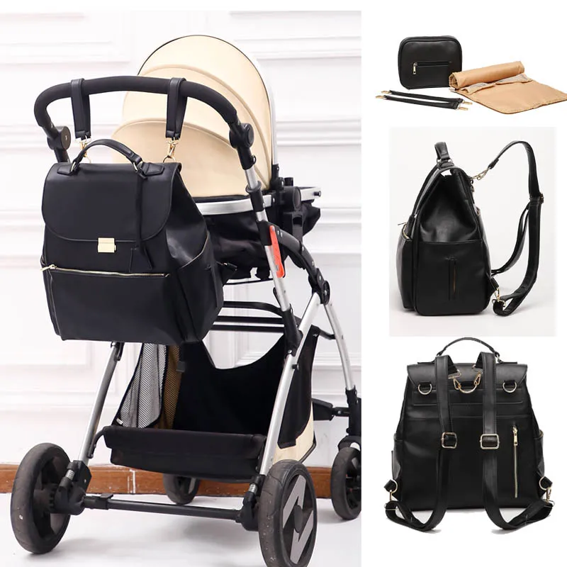 PU Leather Baby Nappy Diaper Bag Backpack Changing Pad Stroller Straps Insulation bag Cosmetic maternity bag