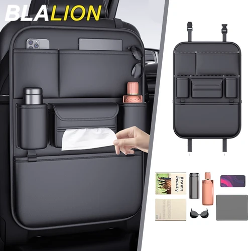 BLALION Bolsa de almacenamiento para respaldo de asiento de coche todo en uno, organizador automático mejorado de 5 bolsillos, bolsa colgante con portavasos de tejido, almohadilla antipatadas