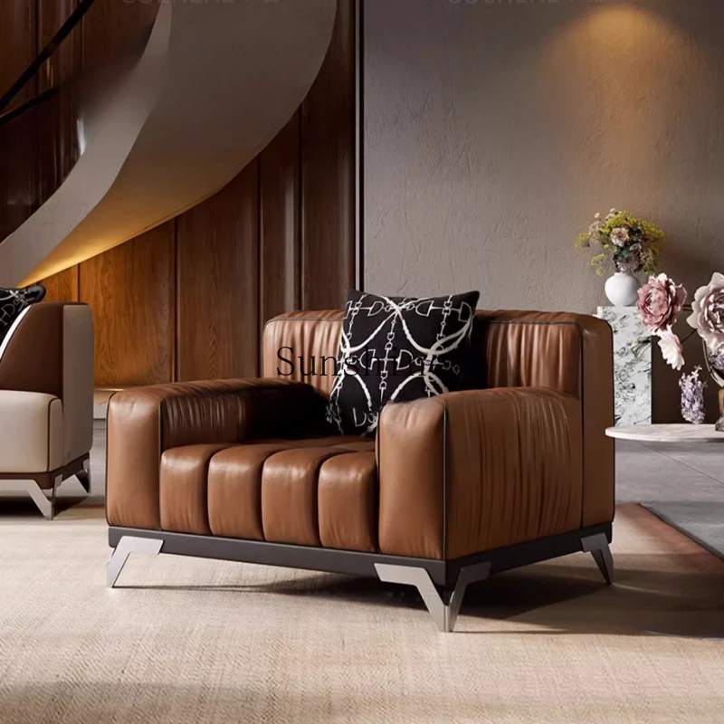 

Italian light luxury casual piano keys retro living room leather sofa single chair