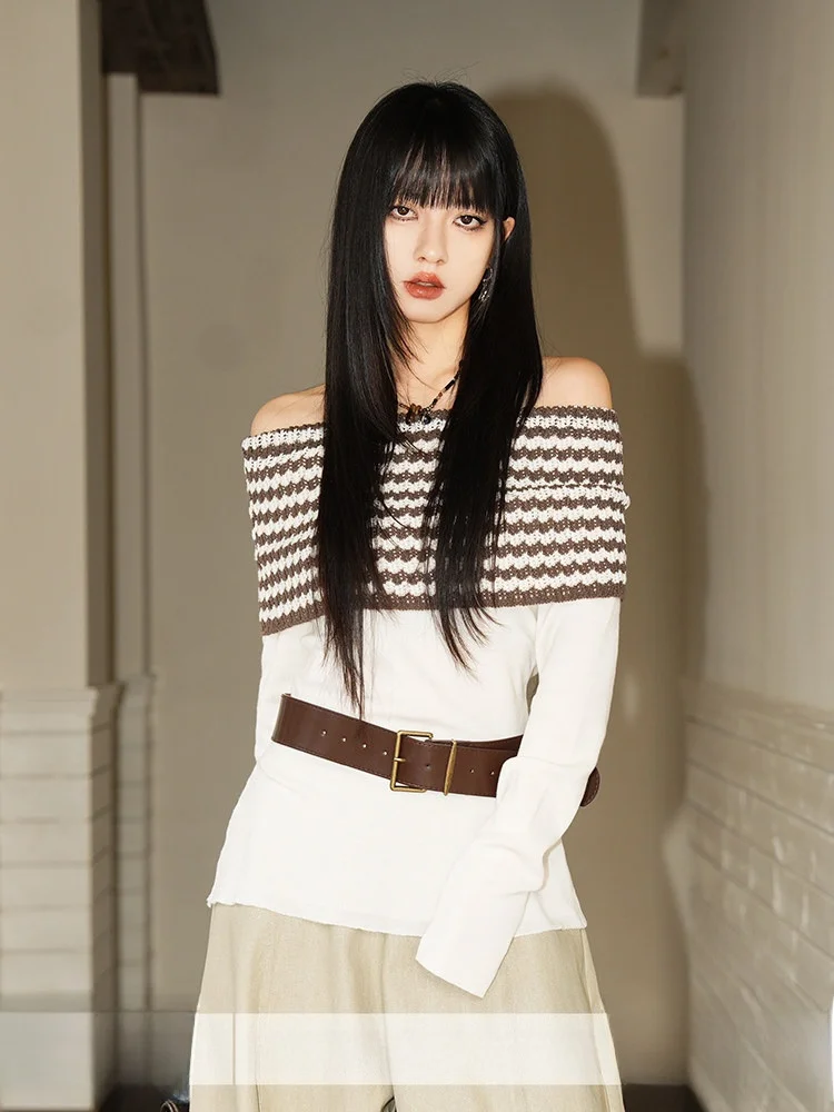 

Early Spring New Design Knitted Slim Fit One oulder Striped Top Soft Casual Sle Long Sve Women's Faion Breathable