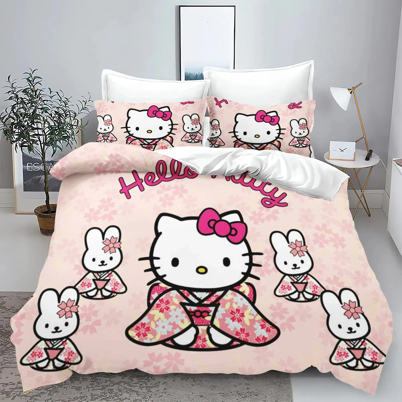 Hello Kitty Bettwäsche-Sets, Kinder-Bettwäsche-Set, 3-teilig, Doppel-Home-Set, 1 Bettbezug, luxuriös, 100 % Polyester, modern bedruckt