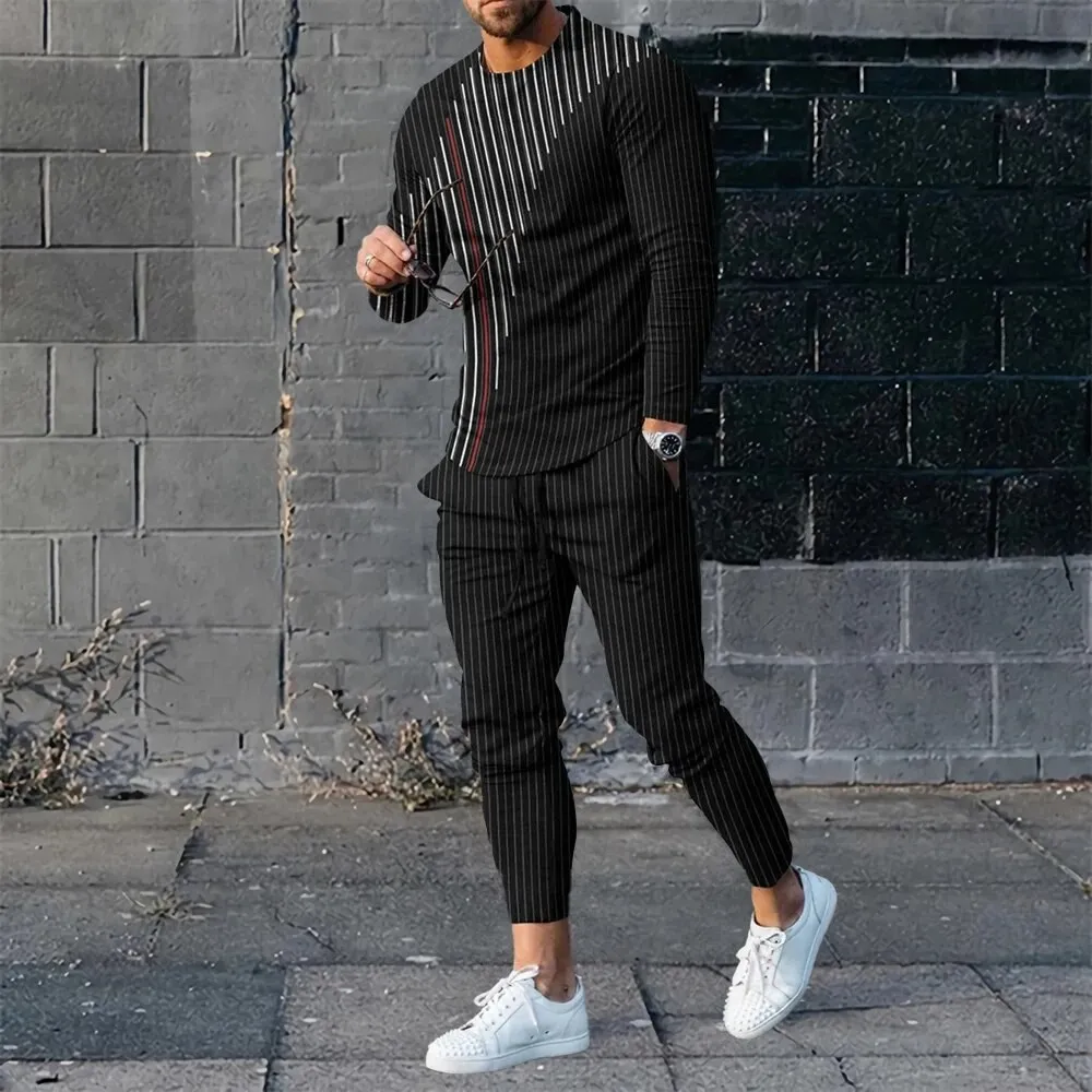 Autumn Fashion Lattice 3D Print Men Sportswear Set Casual Long-Sleeved T Shirt Pants 2-Piece Set Oversized Pullover Men Clothing