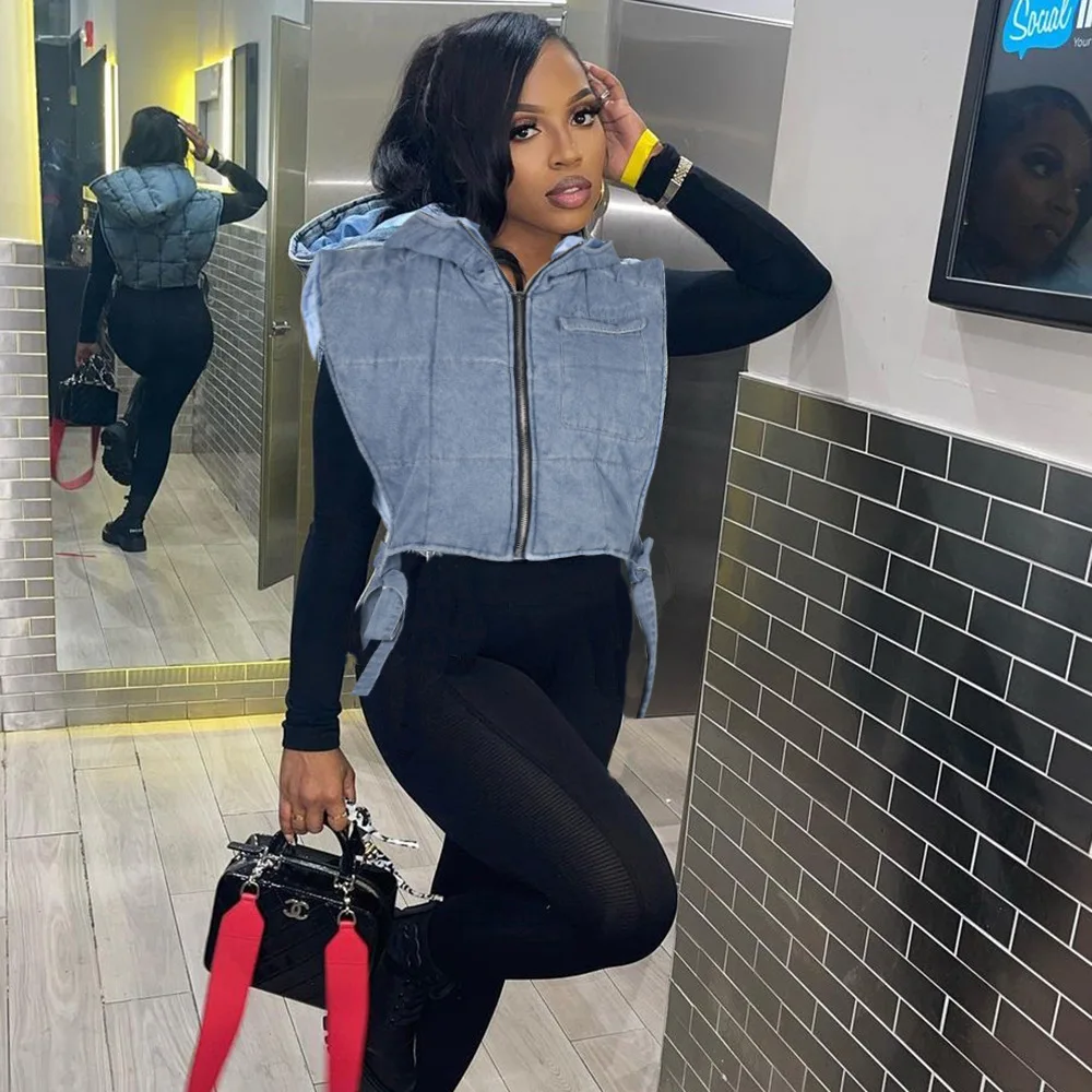 

Зимние джинсовые куртки без рукавов, жилет на молнии, парки, верхняя одежда, 2024, укороченный пуховик со шнуровкой и капюшоном для женщин, стеганое пальто