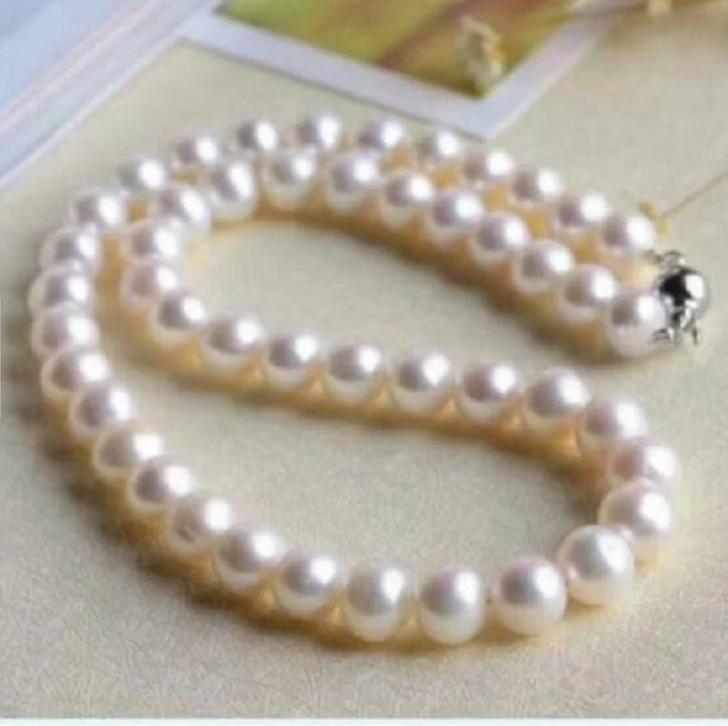 Natural Pearl AAAA 9-10mm Japanese Akoya white Round pearl Necklace 18 inch 952