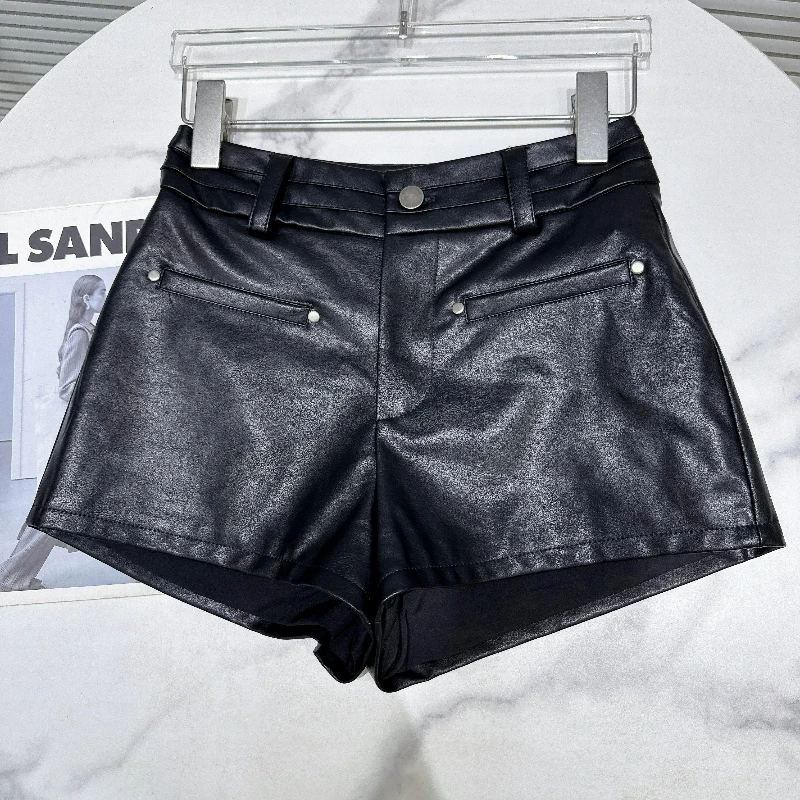 Ladies Autumn Black PU Hot Pants High Waist Sweet Cool Hot Girl Metal Rivet Decor A-line Versatile Leather Shorts for Women New