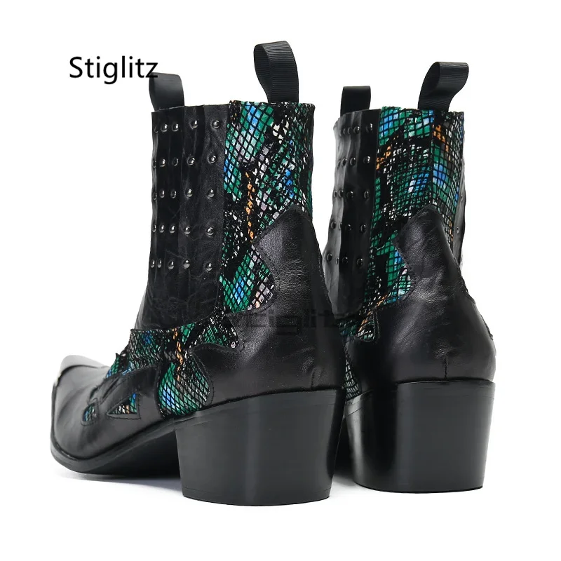 Patchwork Totem Genuine Leather Men's Boots High Heels Metal Pointed Toe Shoes Rivet Slip On Ankle Boots Business Party Shoes