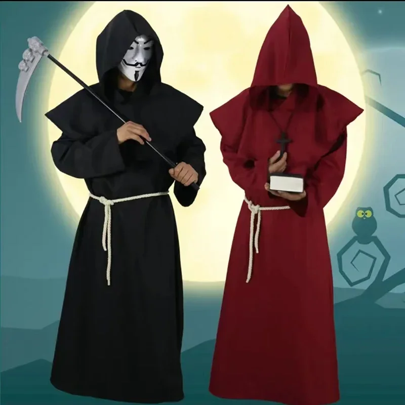 Mago di Halloween Cosplay Monaco medievale Abito con cappuccio Costume Maschera Cappello per uomo Steampunk Sacerdote Horror Masquerade Mantello unisex Mantello