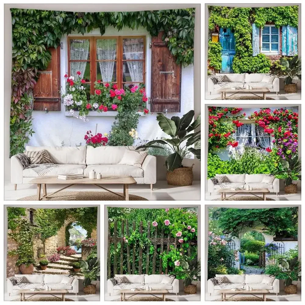 Old Window With Flowers Outdoor Landscape Tapestry Old Door With Flowers In Verona Ltaly Home Patio Wall Hanging Art Decor Mural